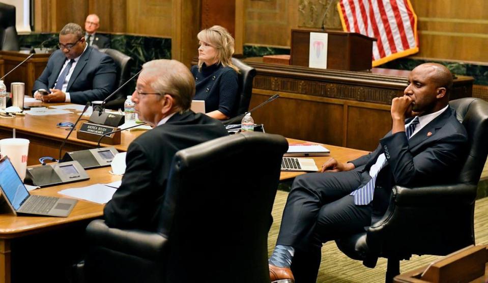 Kansas City Mayor Quinton Lucas, right, and Kansas City Council members Lee Barnes, from left, Dan Fowler and Andrea Bough listened Wednesday as members of KC Tenants spoke about the lack of affordable housing in Kansas City.