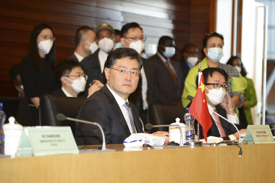 China's Foreign Minister, Qin Gang, center, visits the African Union headquarters in Addis Ababa, Ethiopia, Wednesday, Jan. 11, 2023. Qin has begun a five-nation tour of Africa aimed at bolstering Chinese-African ties. (AP Photo)