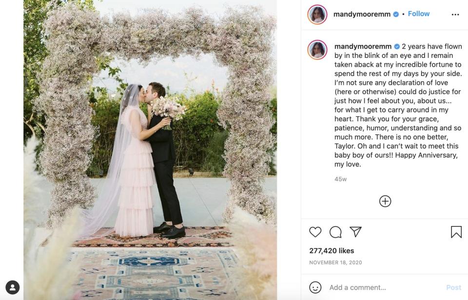 For her 2018 wedding, Mandy Moore wore a pink dress.