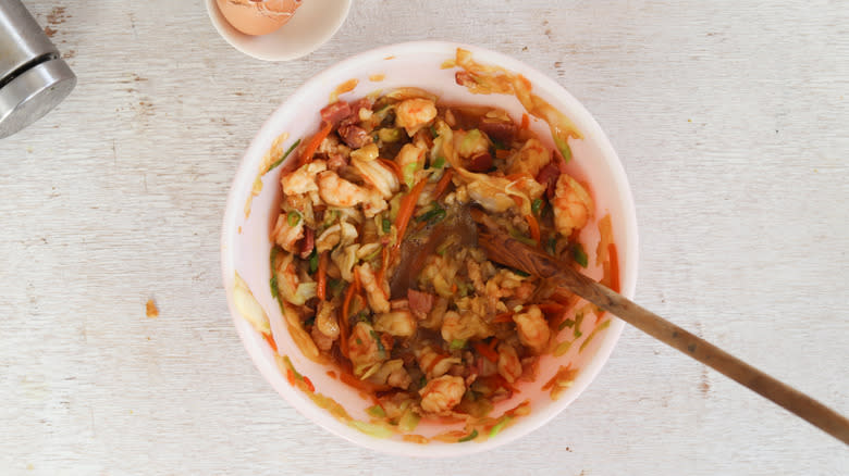 shrimp egg roll filling in a bowl