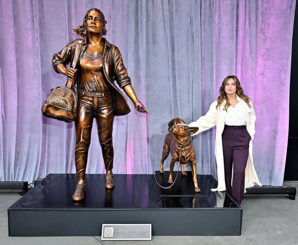 <p>MOVI Inc</p> Mariska Hargitay helped Purina unveil "Courageous Together," a new statue by Kristen Visbal in support of the Purple Leash Project