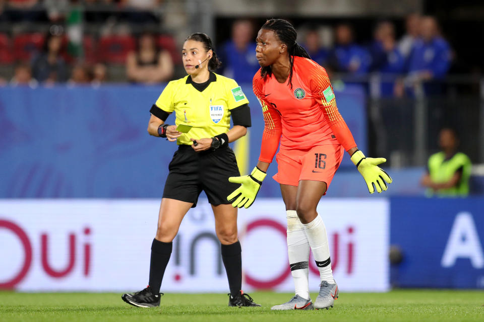 Chiamaka Nnadozie of Nigeria was given a yellow card for encroachment during a penalty kick during the Nigeria-France group stage match. (Photo by Catherine Ivill - FIFA/FIFA via Getty Images)