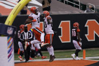 Cleveland Browns' Donovan Peoples-Jones (11) celebrates his touchdown reception with Jarvis Landry (80) during the second half of an NFL football game against the Cincinnati Bengals, Sunday, Oct. 25, 2020, in Cincinnati. (AP Photo/Bryan Woolston)