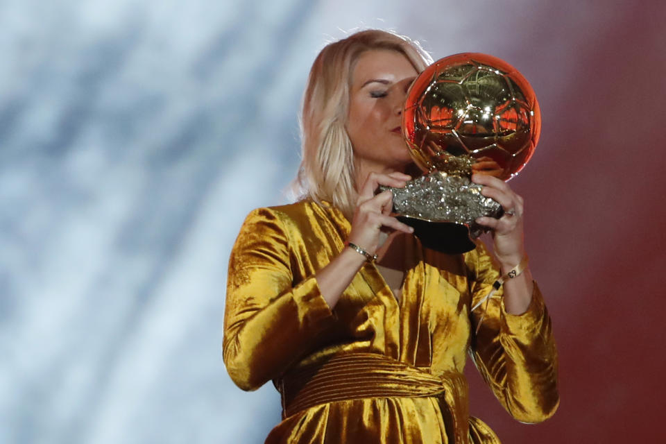 Olympique Lyonnais’ Ada Hegerberg won the inaugural women’s Ballon d’Or. (AP Photo/Christophe Ena)