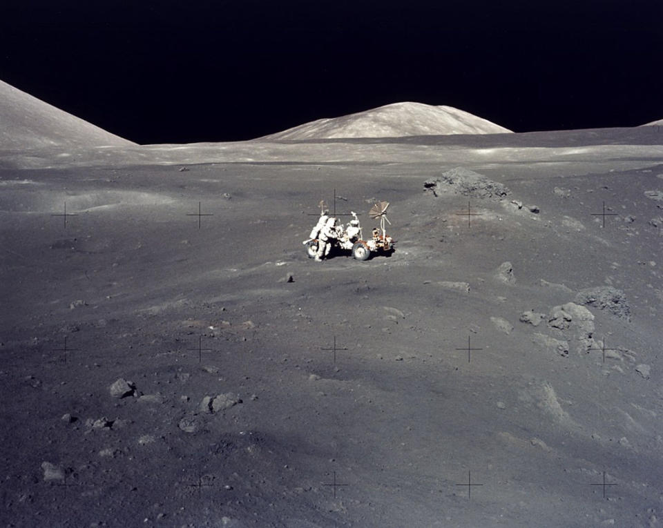 The Apollo 17 mission in December 1972 surveyed the Taurus-Littrow highlands and valley area. This site was picked as a location where rocks both older and younger than those previously returned from other Apollo missions might be found. <cite>NASA/Johnson Space Center</cite>