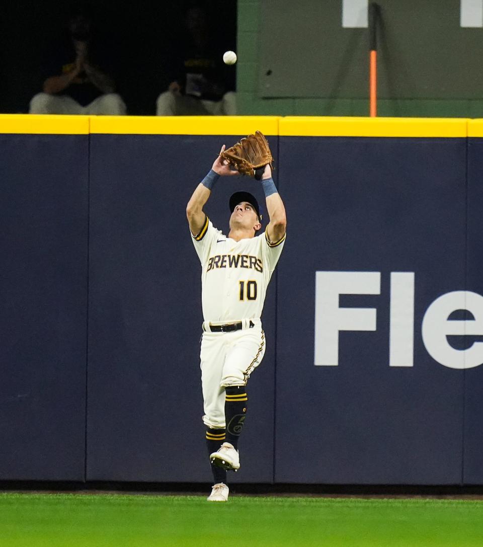 Milwaukee Brewers center fielder Sal Frelick (10) catches the fly ball from Arizona Diamondbacks center fielder Alek Thomas (5) during the second inning of Game 2 of the NL wild-card playoff series on Wednesday October 4, 2023 at American Family Field in Milwaukee, Wis.