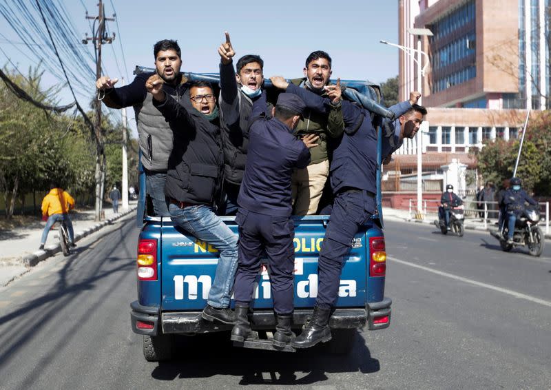 Protesters get detained in front of the supreme court in Kathmandu