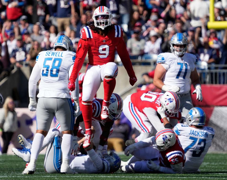 Patriots linebacker Matthew Judon celebrates his sack of Lions quarterback Jared Goff during the first quarter on Sunday in Foxboro.