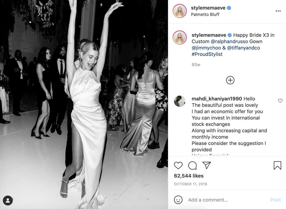 Hailey Bieber changed into at third dress for her reception.