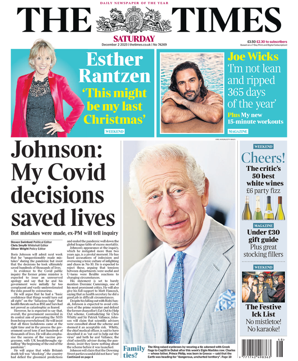 The headline on the front page of the Times reads: "Johnson: My Covid decisions saved lives"