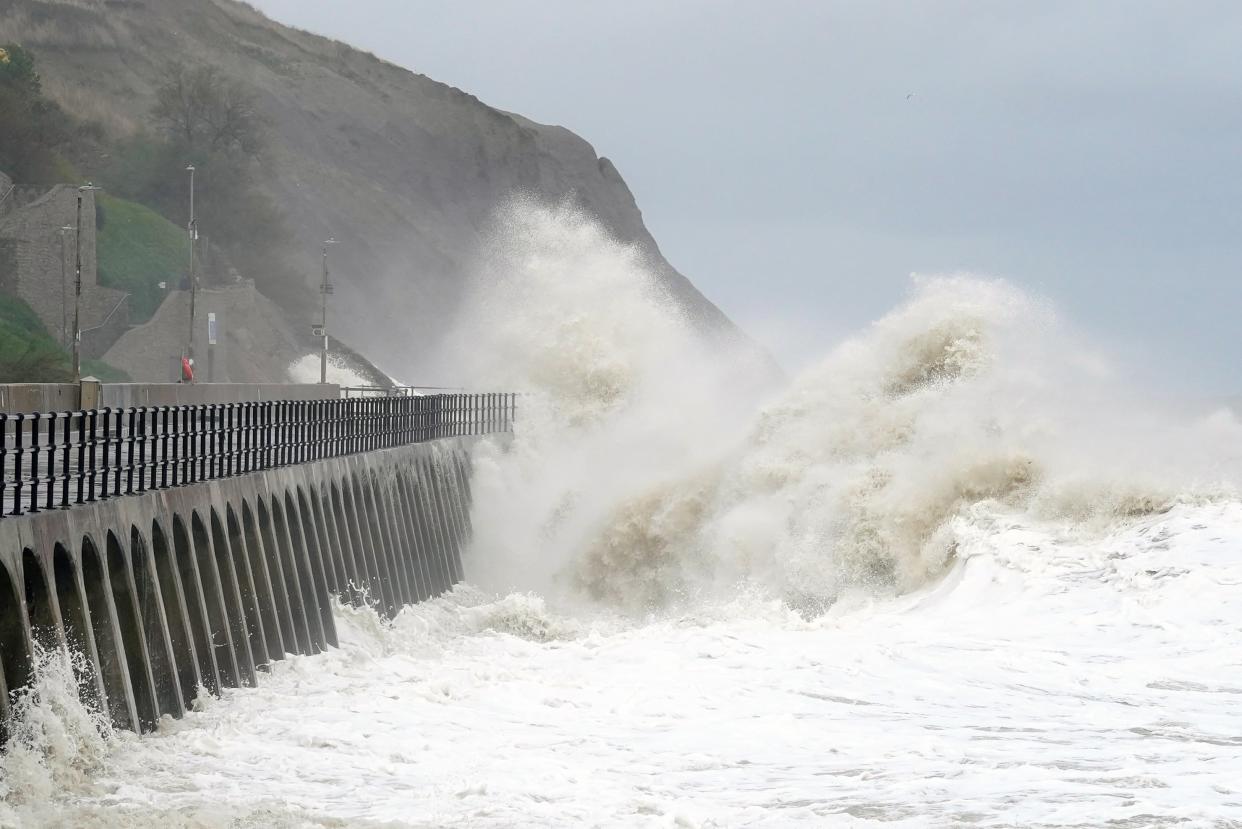 Waves crash over the promenade in Folkestone, Kent, as Storm Ciaran brings high winds and heavy rain along the south coast of England (Gareth Fuller/PA Wire)