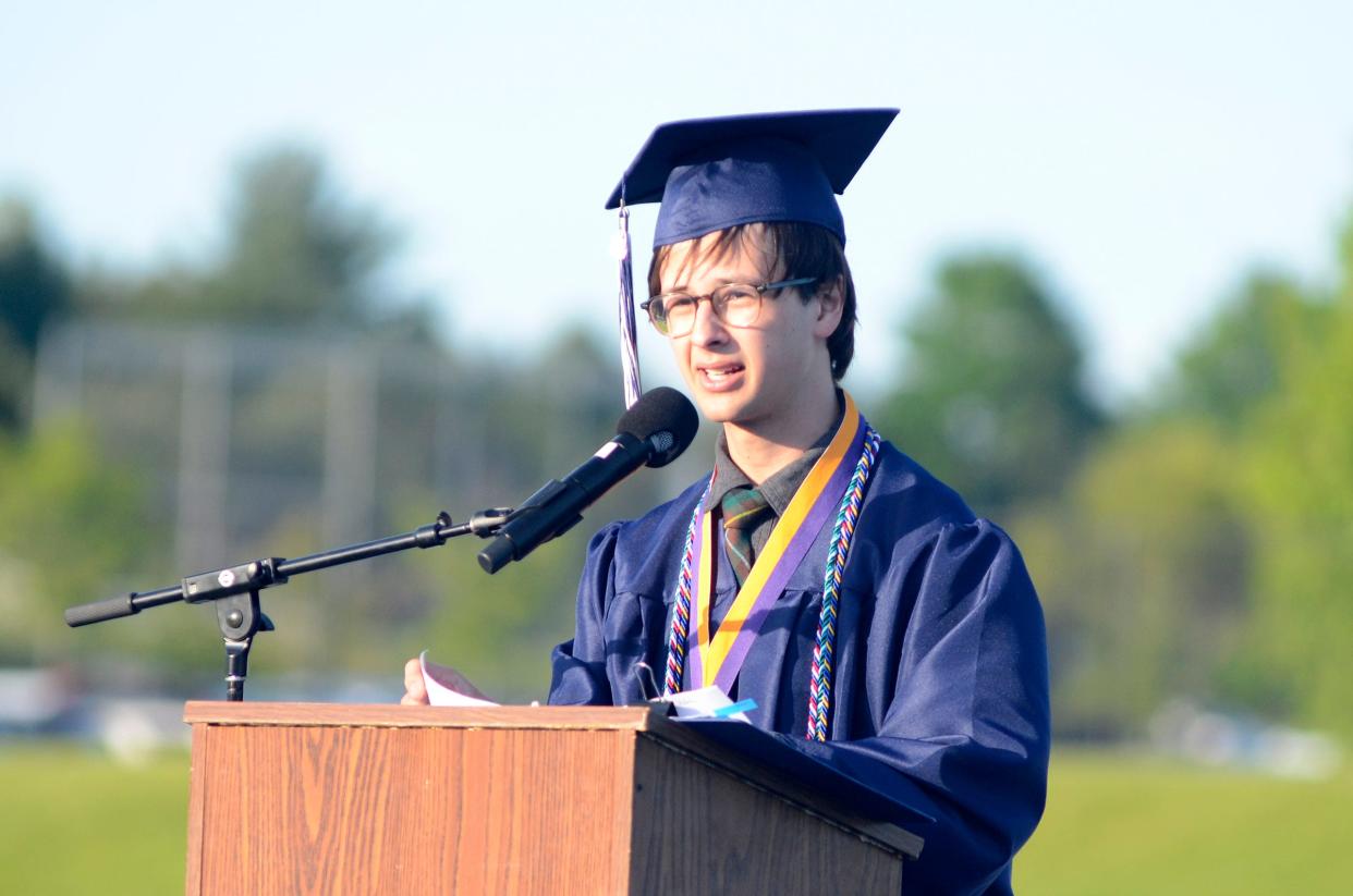 Simon Gelb speaks during the Petoskey High School graduation on June 2, 2024.