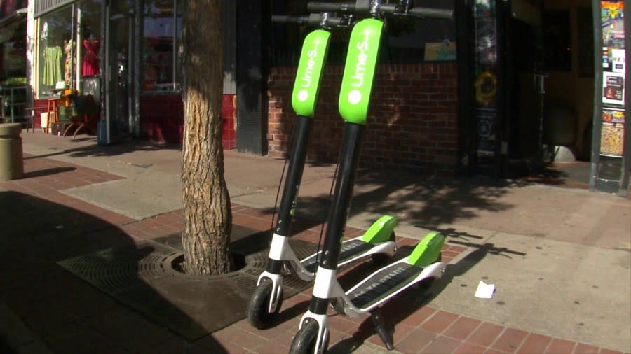 Lime scooters are seen in a file image. (Credit: KTLA)