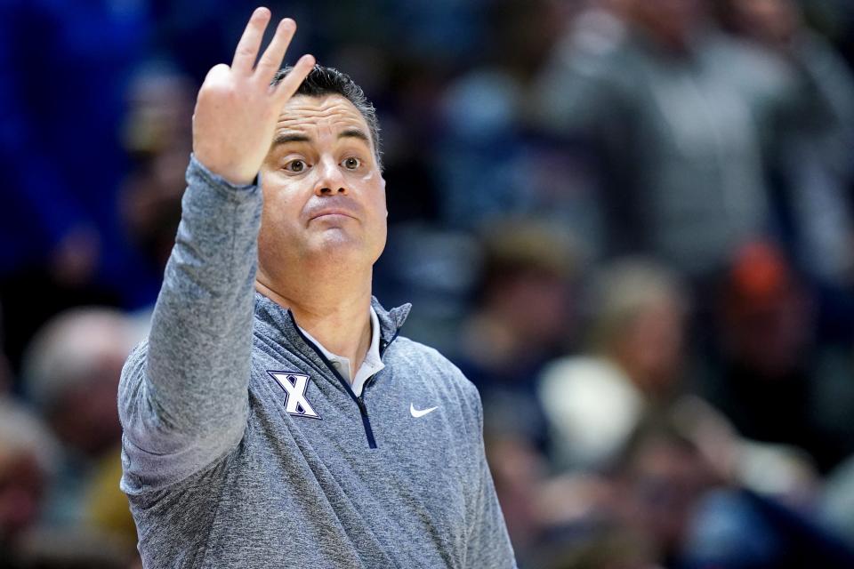 Xavier Musketeers head coach Sean Miller instructs the team in the second half of an NCAA college basketball game between the Houston Cougars and the Xavier Musketeers, Friday, Dec. 1, 2023, at Cintas Center in Cincinnati.