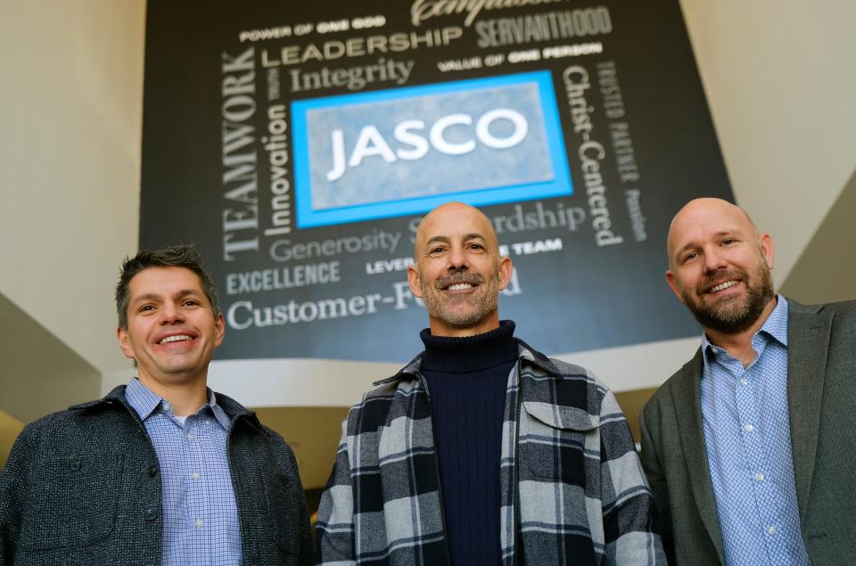 Jacob Rodriguez, left, chief operating officer; Jeff Cato, vice president of e-commerce and digital marketing; and Mitchell Davis, vice president of product development, are pictured at Jasco Products, 10 E Memorial Road.
