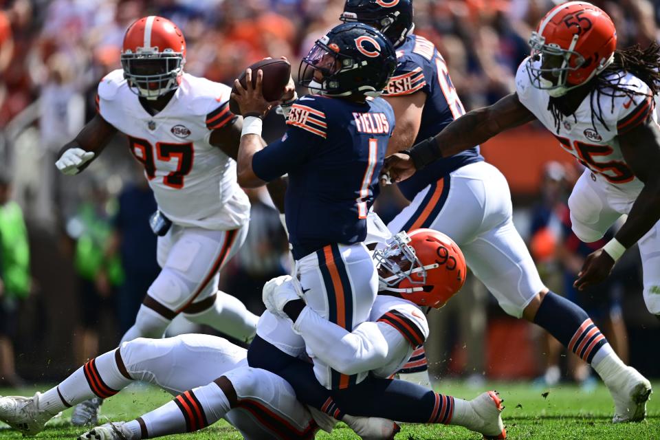 Browns defensive end Myles Garrett (95) sacks Bears quarterback Justin Fields during the Sept. 26, 2021 game in Cleveland.