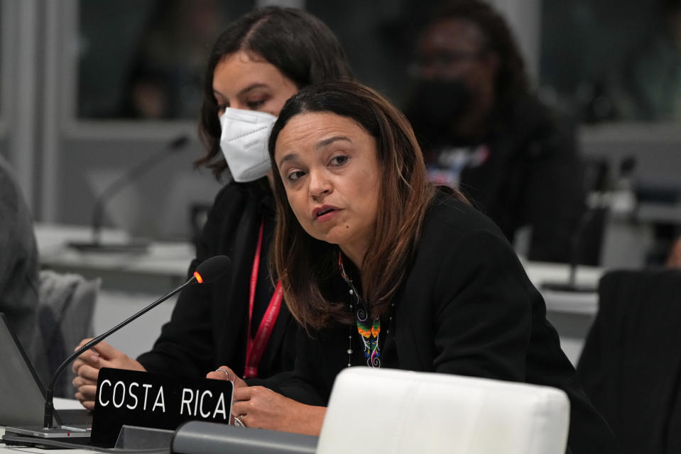 Costa Rica's Minister of Environment Andrea Meza Murillo speaks during a stocktaking plenary session at the COP26 U.N. Climate Summit in Glasgow, Scotland, Saturday, Nov. 13, 2021. Going into overtime, negotiators at U.N. climate talks in Glasgow are still trying to find common ground on phasing out coal, when nations need to update their emission-cutting pledges and, especially, on money. (AP Photo/Alastair Grant)