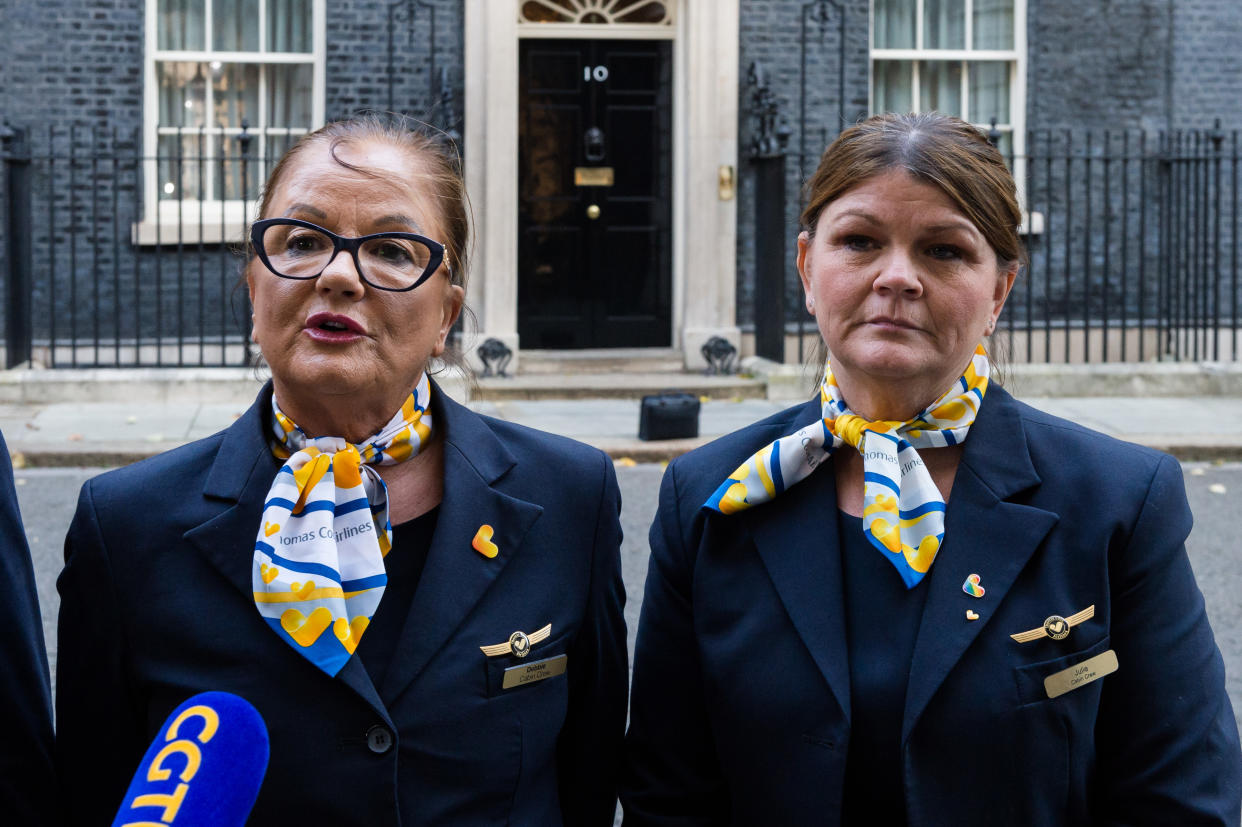 Thomas Cook workers speak to the media outside 10 Downing Street as they handed in a petition with over 50,000 signatures which calls for a full inquiry into Thomas Cooks collapse and for the companys directors to pay back their bonuses on 02 October, 2019 in London, England. Around 9,000 Thomas Cook employees in the UK lost their jobs on Monday last week as the worlds oldest travel company went into liquidation over its debts. (Photo by WIktor Szymanowicz/NurPhoto via Getty Images)