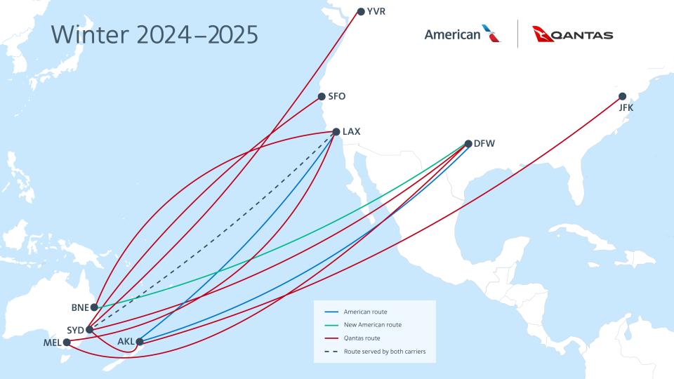 The Oneworld alliance winter 2024-2025 route map between the US and Australia, New Zealand, and the South Pacific.