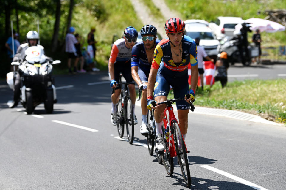 MORZINE LES PORTES DU SOLEIL FRANCE  JULY 15 LR Michael Woods of Canada and Team IsraelPremier Tech Thibaut Pinot of France and Team GroupamaFDJ and Giulio Ciccone of Italy and Team LidlTrek compete in the breakaway during the stage fourteen of the 110th Tour de France 2023 a 1518km stage from Annemasse to Morzine les Portes du Soleil  UCIWT  on July 15 2023 in Morzine les Portes du Soleil France Photo by Tim de WaeleGetty Images