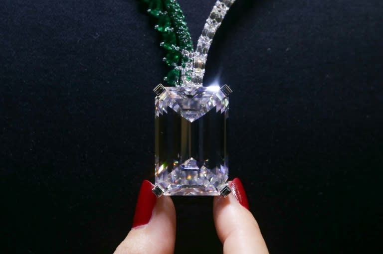 The necklace, featuring a 163.41 carat D-Colour Flawless diamond, is expected to fetch around $25 million (21.2 million euros)