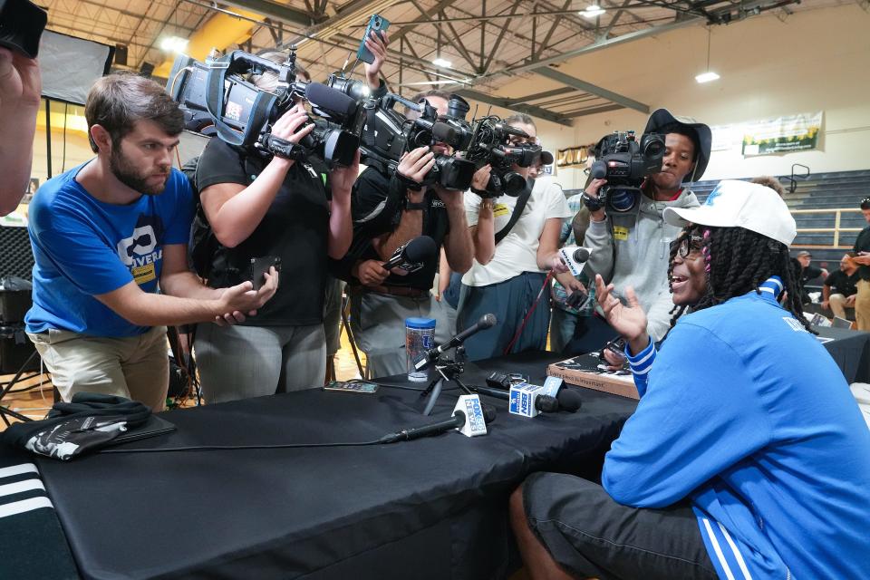 Jasper Johnson, a Lexington native and one of the top basketball players in the 2025 high school class, spoke to the media after he announced his commitment to the University of Kentucky during a ceremony Thursday at Woodford County High School.