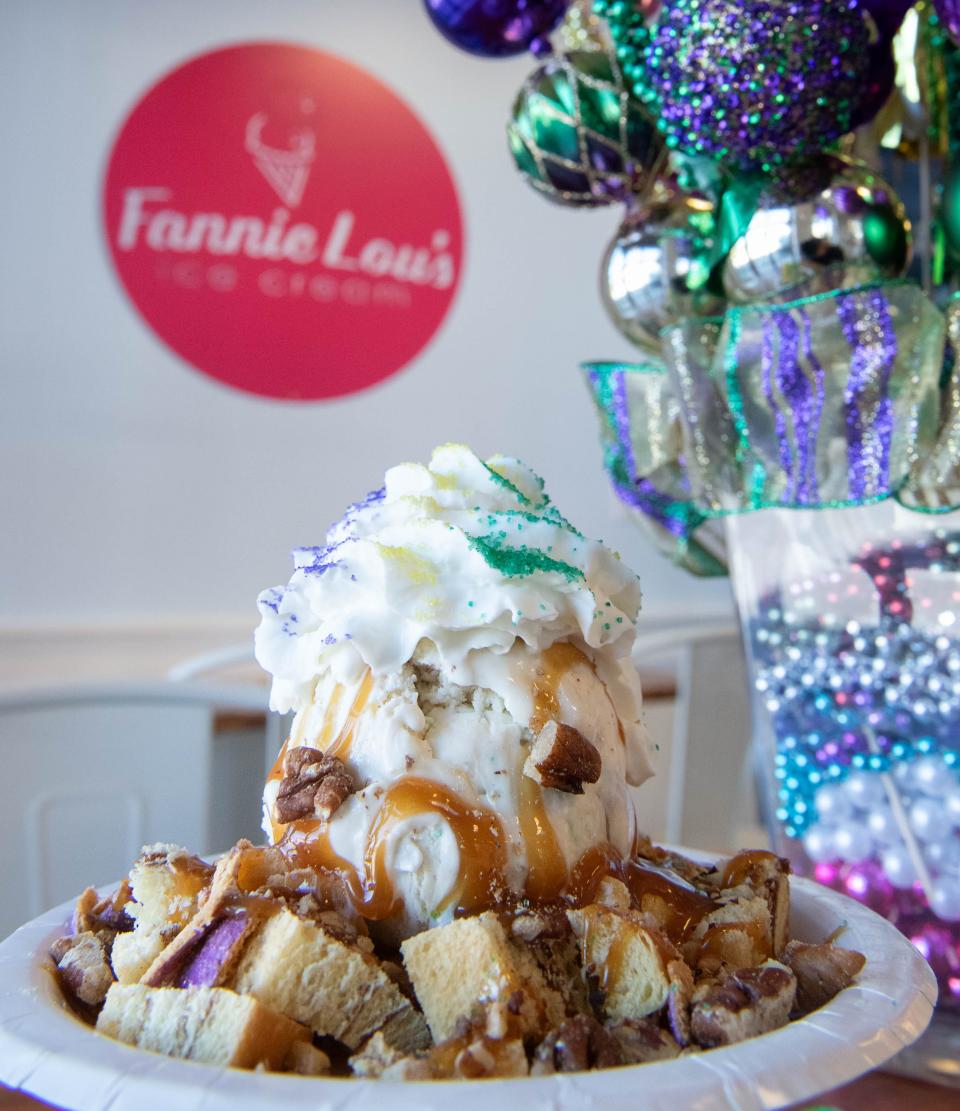 A King Cake Ice Cream Sundae at Fannie Lou's Ice Cream in Pensacola on Friday, Jan. 19, 2024.