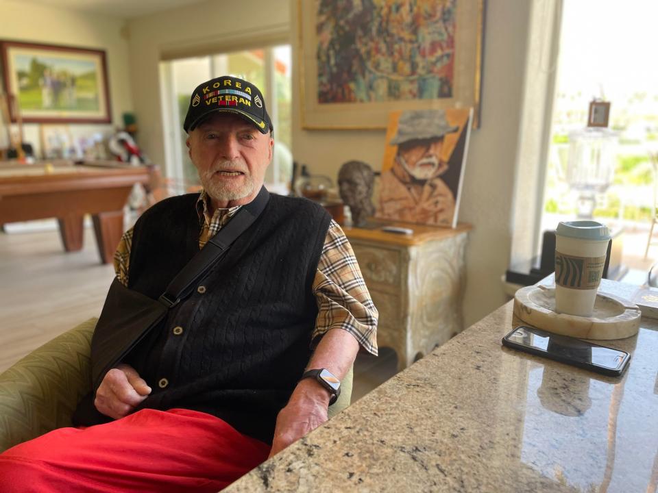 Jim Mahoney, a fabled Hollywood publicist who handled clients ranging from Frank Sinatra and the Rat Pack to U2, poses in his La Quinta house after the release of his book, "Get Mahoney: A Hollywood Insider’s Memoir.”