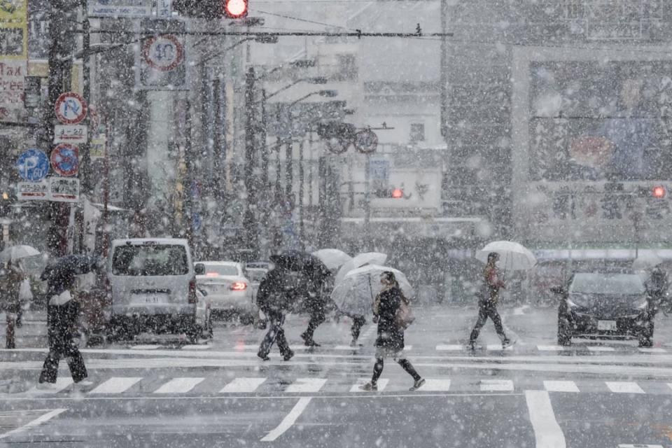 2020年3月29日，日本東京降雪，人們戴著口罩在淺草區過馬路。 