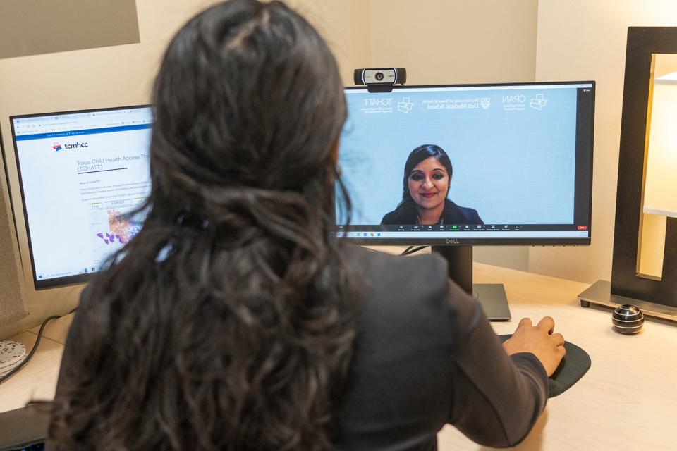 Dr. Puja Patel prepares for a telehealth call with a student on Oct. 27.