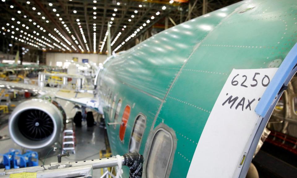 <span>A Boeing 737 Max 9 under construction at the production facility in Renton, Washington.</span><span>Photograph: Jason Redmond/Reuters</span>