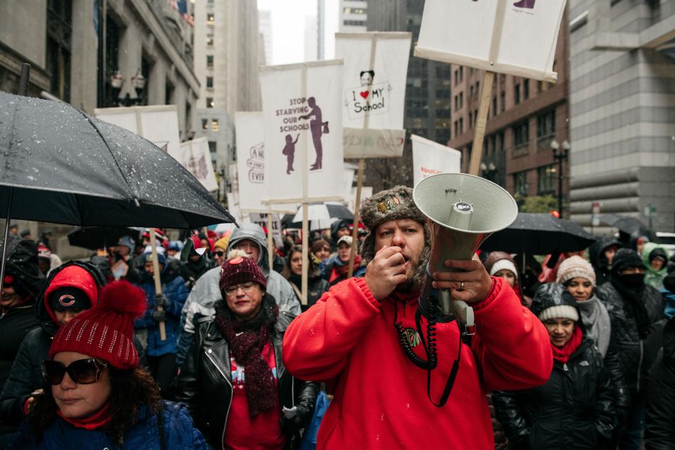 Thousands of Chicago Public Schools staff marched through the streets near City Hall during the 11th day of a teachers strike on Oct. 31, 2019.