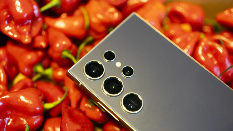 A Samsung Galaxy S24 Ultra sitting on top of a pile of red chillies