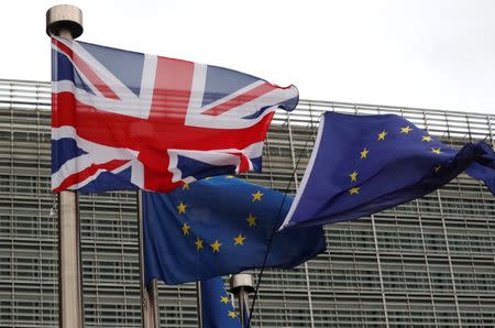 The British flag flies next to European flags at the European Commission in Brussels, Belgium December 8, 2017. REUTERS/Yves Herman/Files