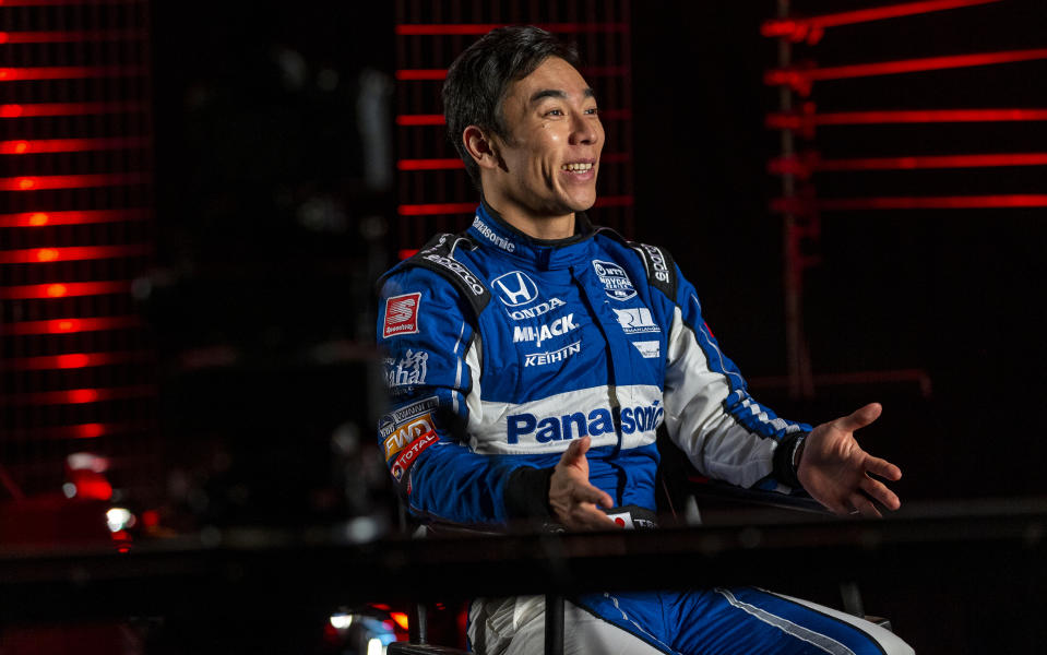 IndyCar driver Takuma Sato is interviewed during IndyCar auto racing media day, Monday, Feb. 11, 2019, in Austin, Texas. (AP Photo/Stephen Spillman)