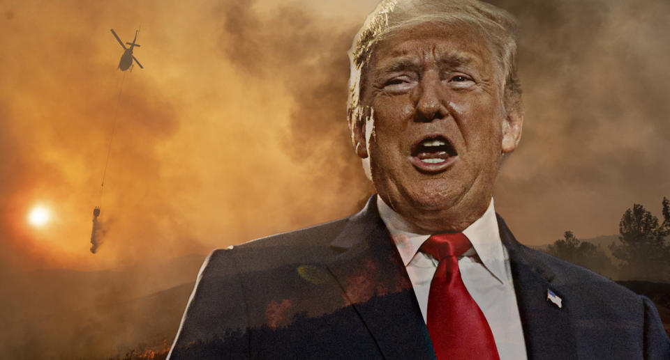 President Trump, Ranch Fire in Clearlake Oaks, Calif. (Photo illustration: Yahoo News; photos: Carolyn Kaster/AP, Josh Edelson/AP)