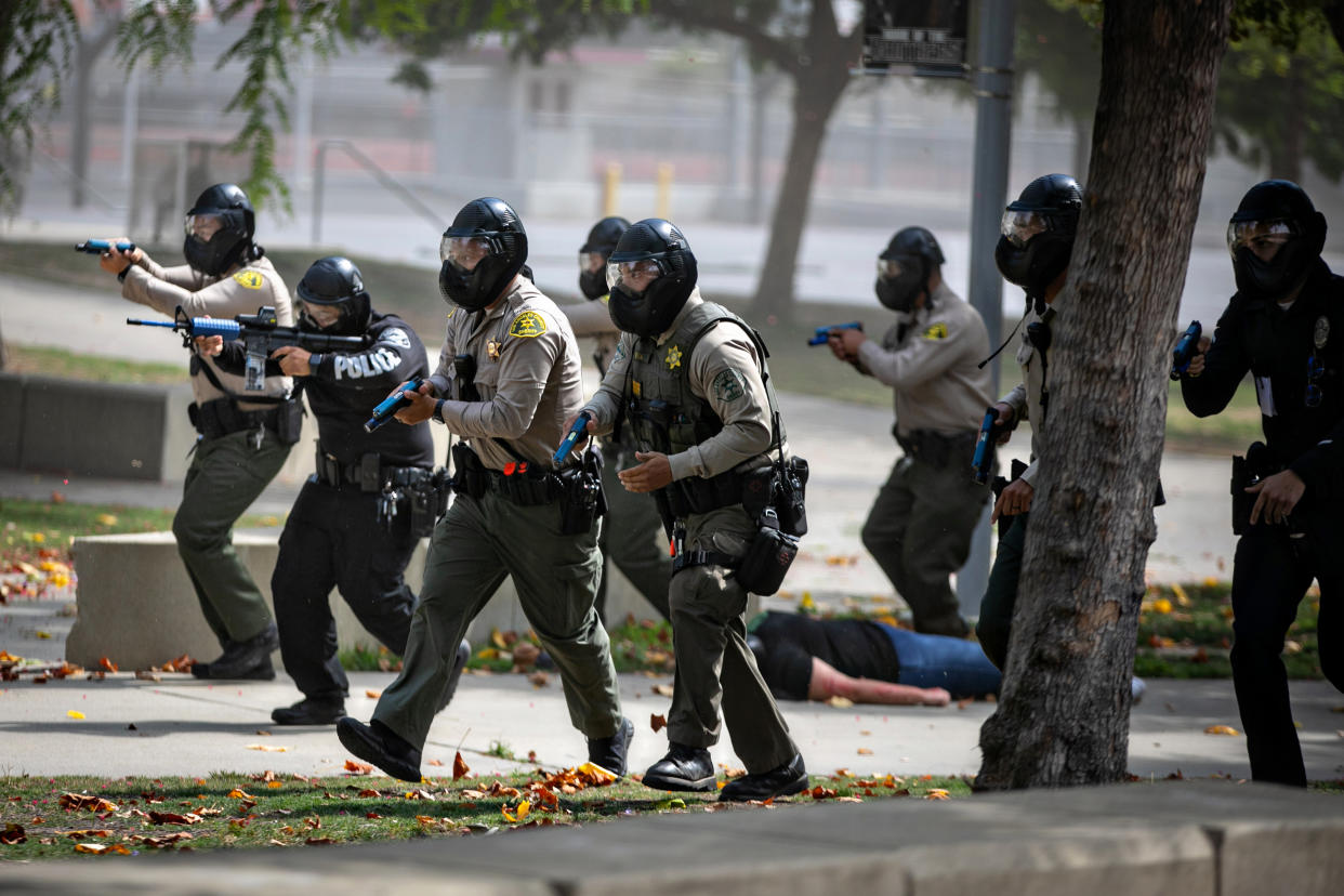 The Los Angeles County Sheriff's Department takes part in an active shooter training drill.
