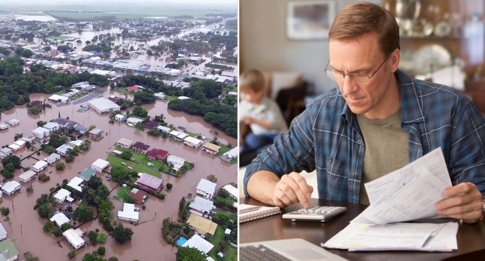 Aerial view of flooded town; Man calculating insurance costs