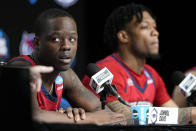 Florida Atlantic guard Johnell Davis speaks during a news conference in preparation for the Final Four college basketball game in the NCAA Tournament on Thursday, March 30, 2023, in Houston. San Diego State will face Florida Atlantic on Saturday. (AP Photo/David J. Phillip)