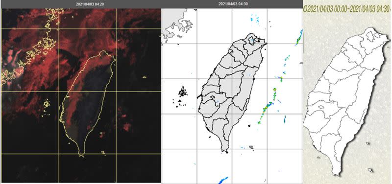 圖：今(3日)晨4：20真實色雲圖顯示，台灣海峽、北部海面及西半部沿岸有低雲及局部霧(左圖)。4：30雷達回波合成圖顯示，各地無降水回波(中圖)。4：30累積雨量圖顯示，各地無降雨(右圖)。