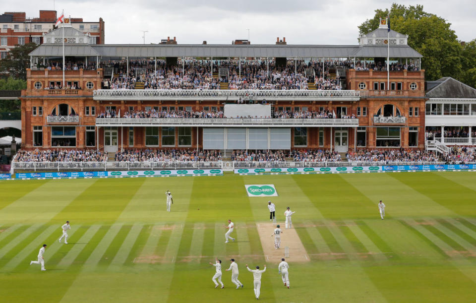 A full pavilion watches the England v Australia 2nd Ashes test match at Lords Cricket Ground in 2019 in London. Photo by Tom Jenkins