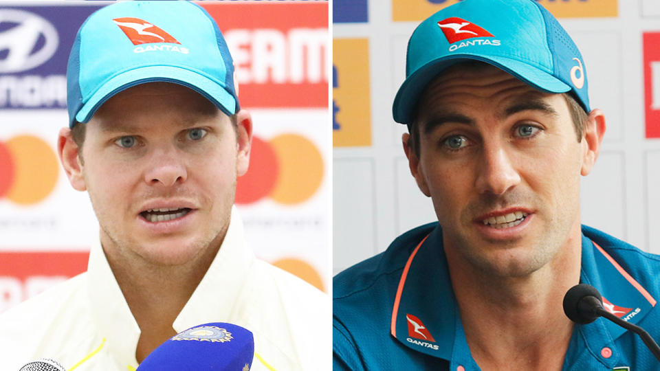 Steve Smith talking to the media and Pat Cummins speaking before a match.