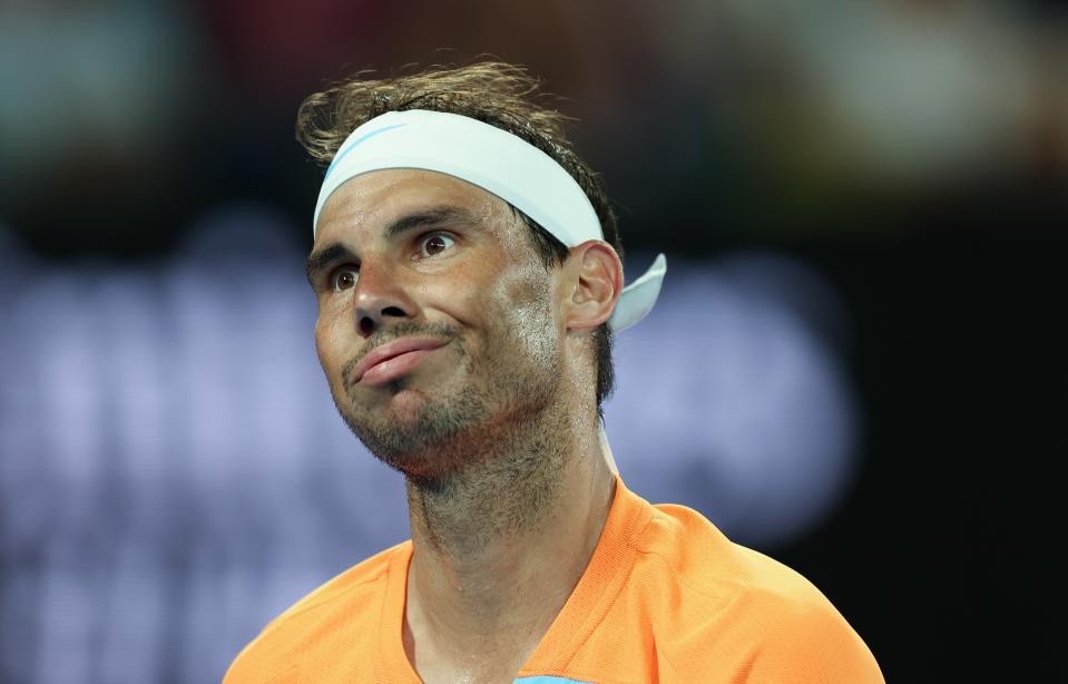 Rafael Nadal reacts during the men&#39;s singles 2nd round match against Mackenzie McDonald of the United States at Australian Open tennis tournament in Melbourne, Australia, on Jan. 18, 2023. (Photo by Bai Xuefei/Xinhua via Getty Images)