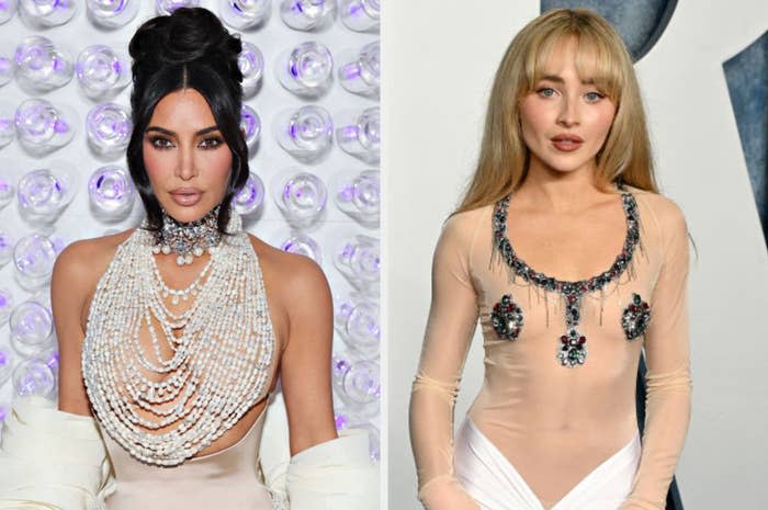 Kim Kardashian in an elaborate necklace covering her breasts and Sabrina Carpenter in a diaphanous top