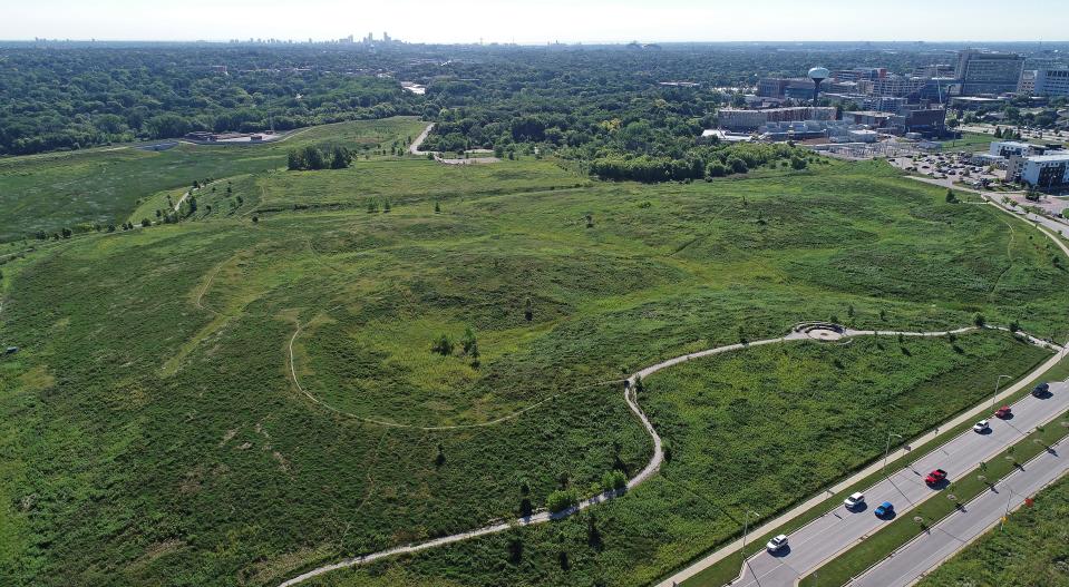A drone provides an aerial view of County Grounds Park in Wauwatosa, with the Milwaukee skyline visible in the distance, on Wednesday, Aug. 10, 2022.