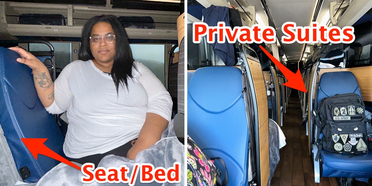 the writer on a seat/bed next to photo of bus with arrow pointing to the private suites