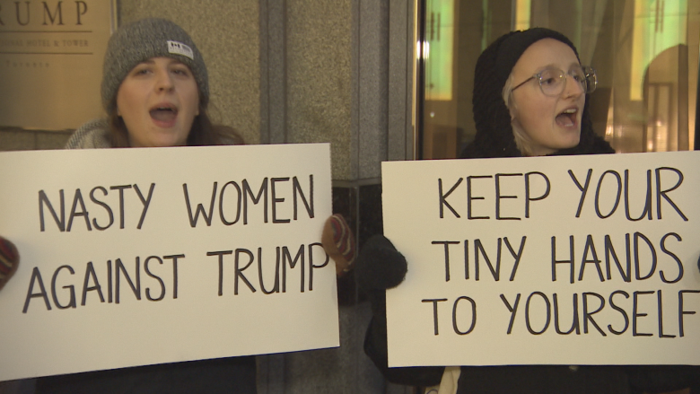 Protesters at Toronto's Trump Tower rally against misogyny, sexual violence