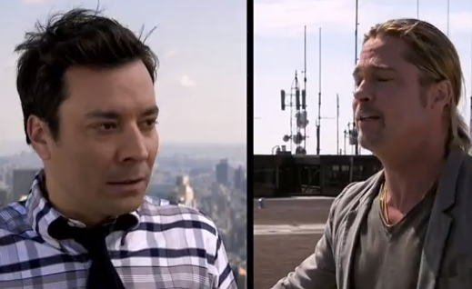 Brad Pitt, Jimmy Fallon Yodel From the Rooftops (Video)