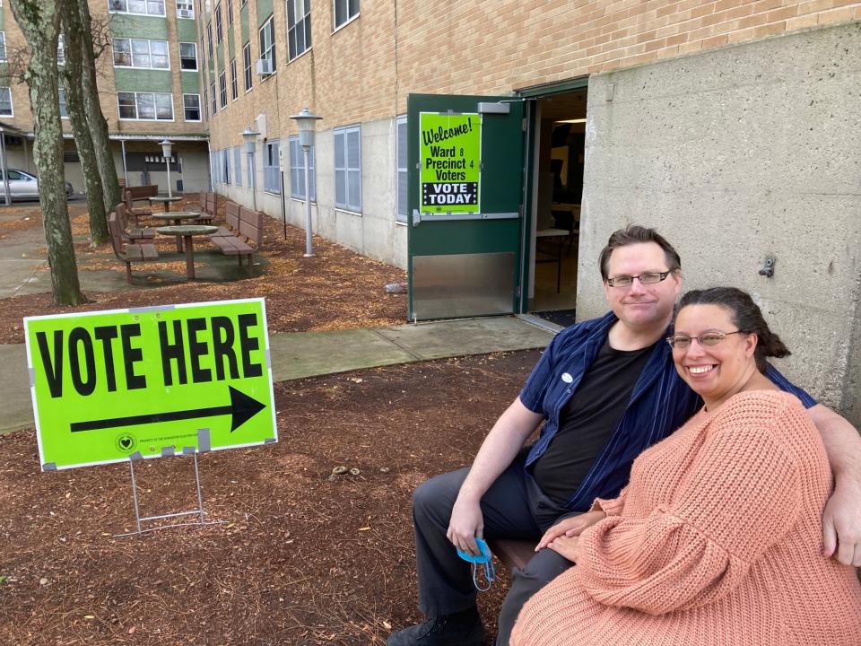 Shaughn and Nuance Bryant outside their polling location at Webster Square Towers.