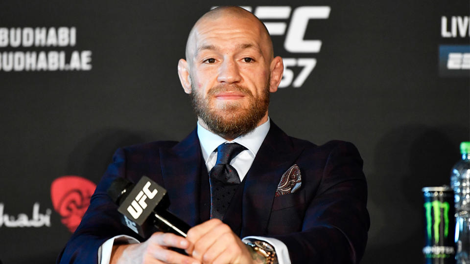 Conor McGregor (pictured) at a press conference after his loss to Dustin Poirier.